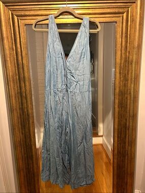 Zara Light Blue Chambray Wide-Leg Jumpsuit